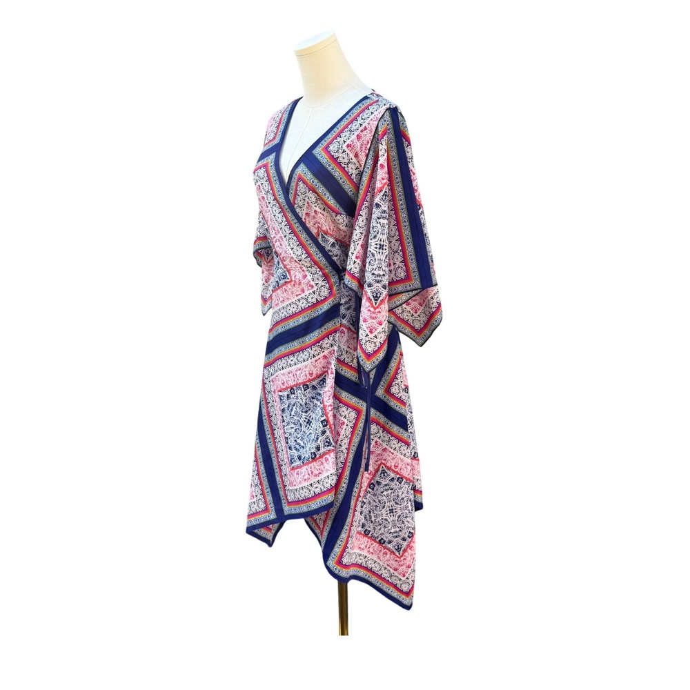 Trina Turk Silk Wrap Dress Womens Blue Pink Paisley Handkerchief Hem Resortwear - Picture 2 of 15